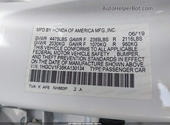 1HGCV1F35KA130134 2019 HONDA ACCORD White Vista del compartimento del motor