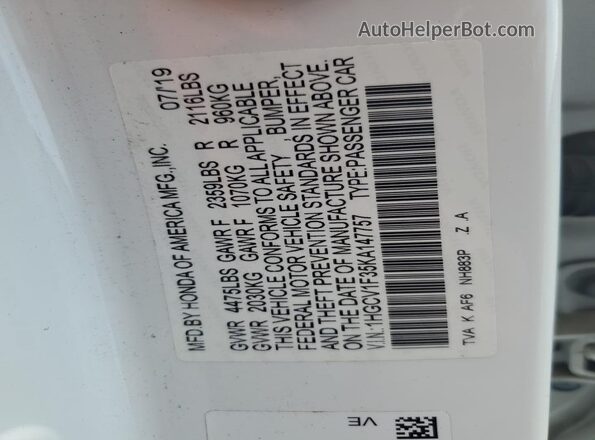 1HGCV1F35KA147757 2019 HONDA ACCORD White ძრავის განყოფილების ხედი
