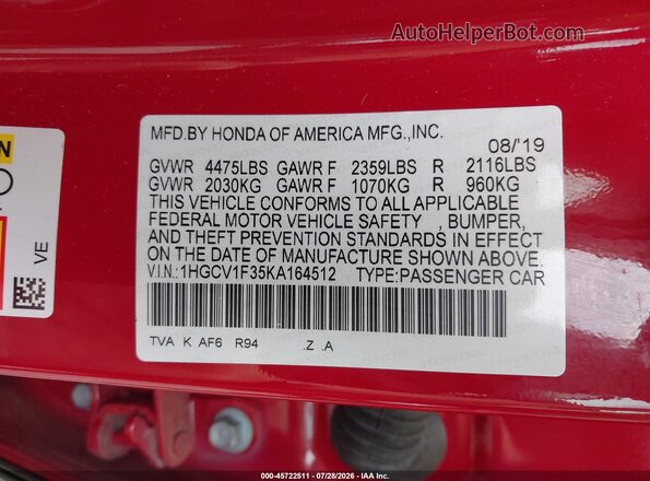 1HGCV1F35KA164512 2019 HONDA ACCORD Red Շարժիչի բաժամունքի տեսք