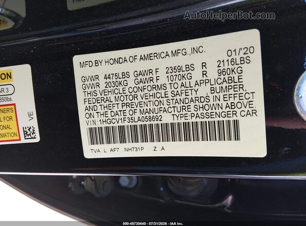 1HGCV1F35LA058692 2020 HONDA ACCORD Черный Вид подкапотного пространства