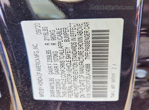 1HGCV1F35LA140888 2020 HONDA ACCORD Black Вид підкапотного простору