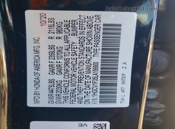 1HGCV1F35LA156900 2020 HONDA ACCORD Black Вид наклейки з VIN-кодом