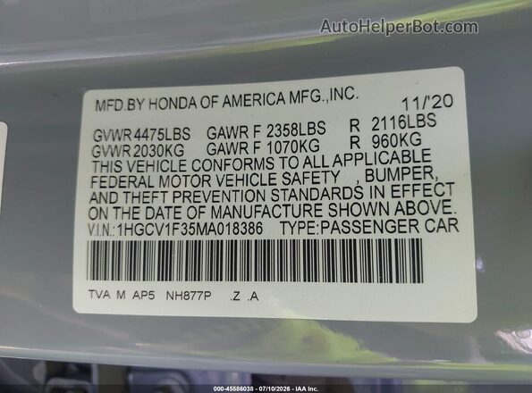 1HGCV1F35MA018386 2021 HONDA ACCORD Серый Вид подкапотного пространства