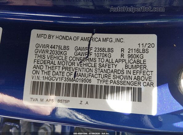 1HGCV1F35MA019506 2021 HONDA ACCORD Blue Vista del compartimento del motor