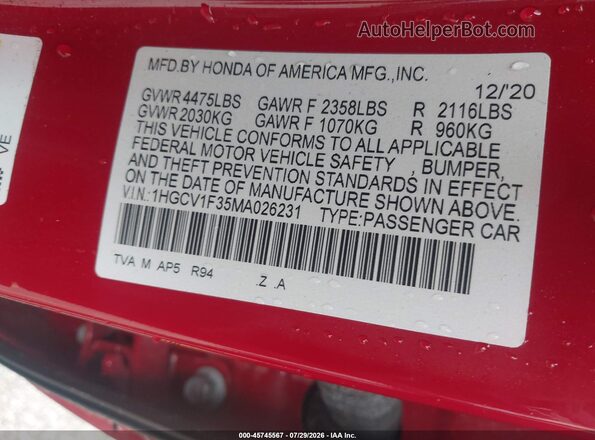 1HGCV1F35MA026231 2021 HONDA ACCORD Red Вид підкапотного простору