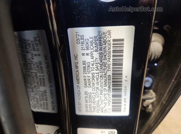 1HGCV1F35MA051839 2021 HONDA ACCORD Black Vista de la etiqueta del VIN