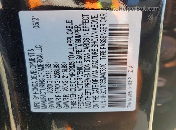 1HGCV1F35MA076840 2021 HONDA ACCORD Black Вид наклейки з VIN-кодом