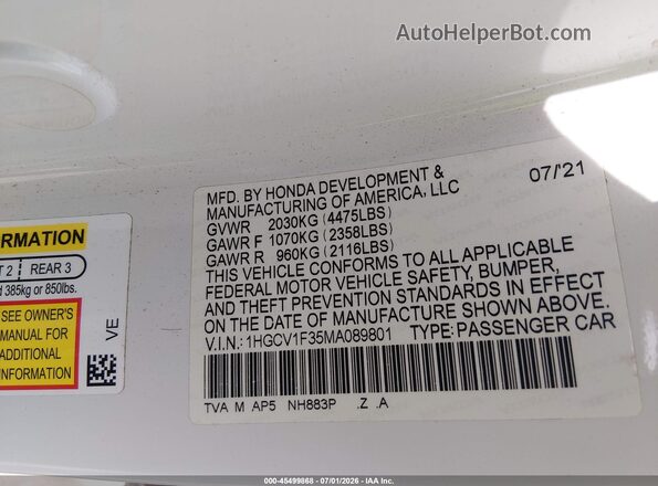 1HGCV1F35MA089801 2021 HONDA ACCORD White Widok komory silnika