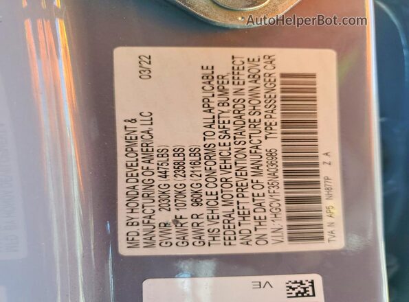 1HGCV1F35NA036985 2022 HONDA ACCORD Blue VIN კოდის სტიკერის ხედი