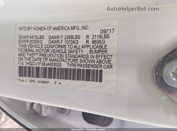 1HGCV1F36JA002032 2018 HONDA ACCORD Белый Вид подкапотного пространства