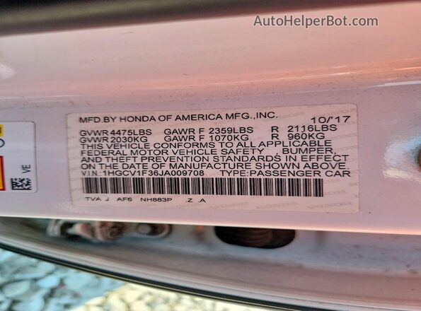 1HGCV1F36JA009708 2018 HONDA ACCORD Белый Вид наклейки с VIN-кодом