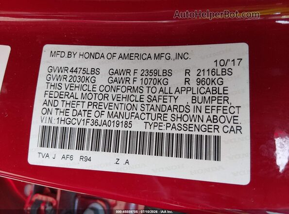1HGCV1F36JA019185 2018 HONDA ACCORD Red Widok komory silnika