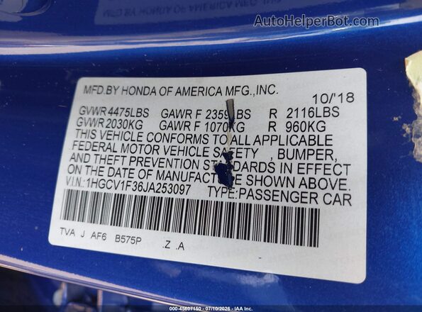 1HGCV1F36JA253097 2018 HONDA ACCORD Синий Вид подкапотного пространства