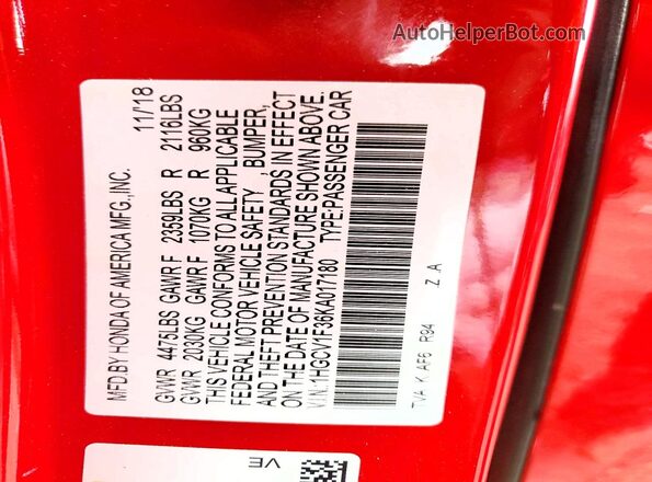 1HGCV1F36KA017180 2019 HONDA ACCORD Red VIN sticker view