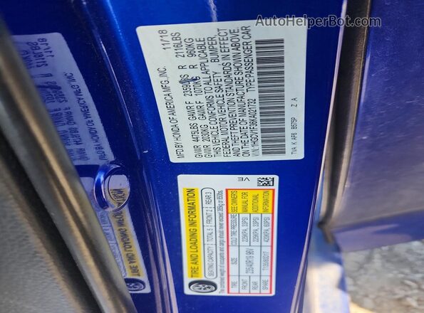 1HGCV1F36KA021732 2019 HONDA ACCORD Blue ძრავის განყოფილების ხედი
