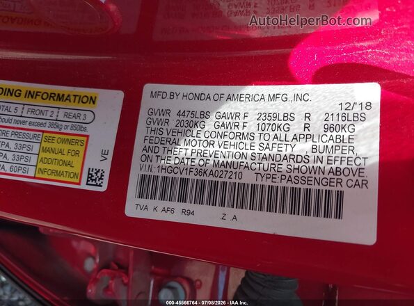 1HGCV1F36KA027210 2019 HONDA ACCORD Red Engine compartment view