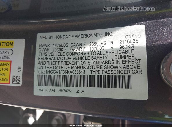 1HGCV1F36KA038613 2019 HONDA ACCORD Gray Вид підкапотного простору