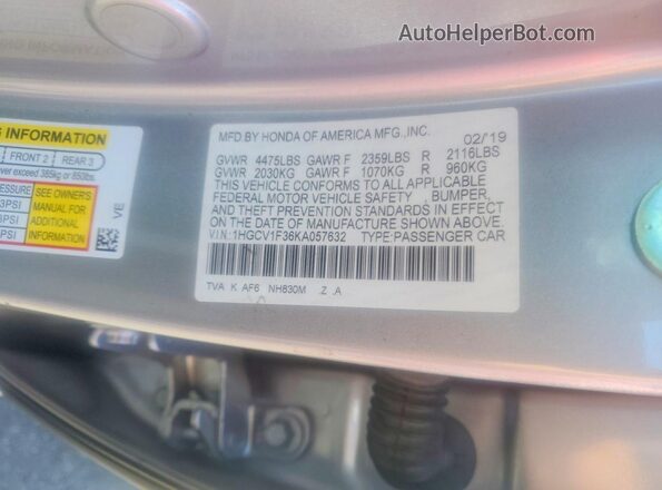 1HGCV1F36KA057632 2019 HONDA ACCORD Silver ძრავის განყოფილების ხედი