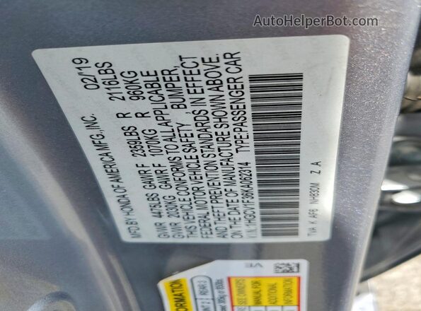 1HGCV1F36KA062314 2019 HONDA ACCORD Silver Вид наклейки з VIN-кодом