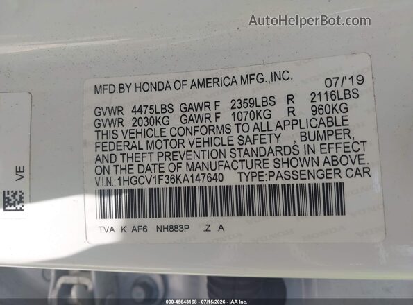 1HGCV1F36KA147640 2019 HONDA ACCORD White Widok komory silnika