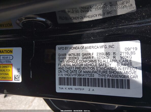 1HGCV1F36KA177253 2019 HONDA ACCORD Black Widok komory silnika