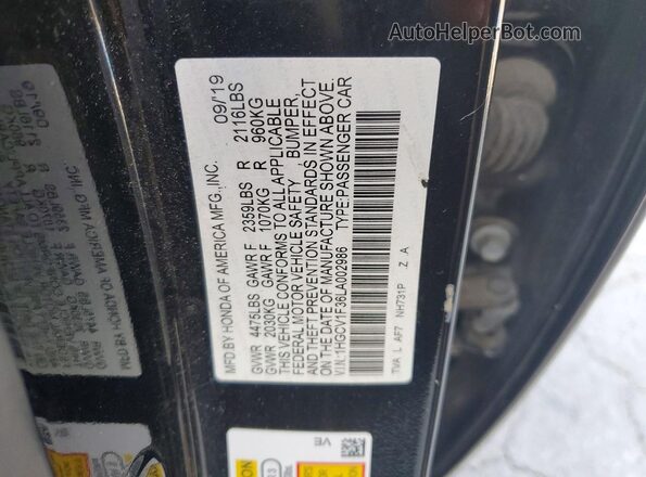 1HGCV1F36LA002986 2020 HONDA ACCORD Black ძრავის განყოფილების ხედი