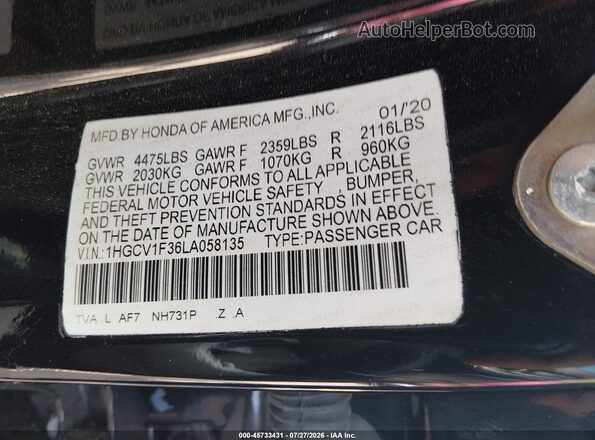 1HGCV1F36LA058135 2020 HONDA ACCORD Black Widok komory silnika