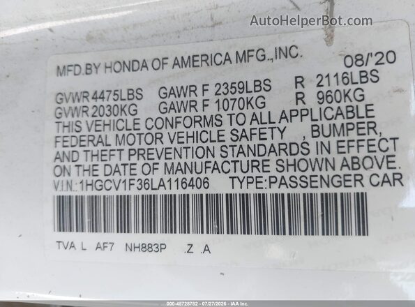 1HGCV1F36LA116406 2020 HONDA ACCORD White Շարժիչի բաժամունքի տեսք