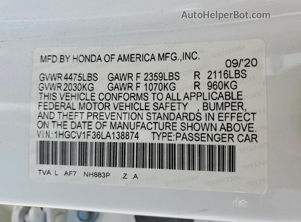 1HGCV1F36LA138874 2020 HONDA ACCORD White Շարժիչի բաժամունքի տեսք