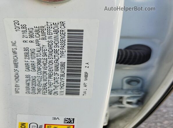 1HGCV1F36LA153892 2020 HONDA ACCORD White ძრავის განყოფილების ხედი