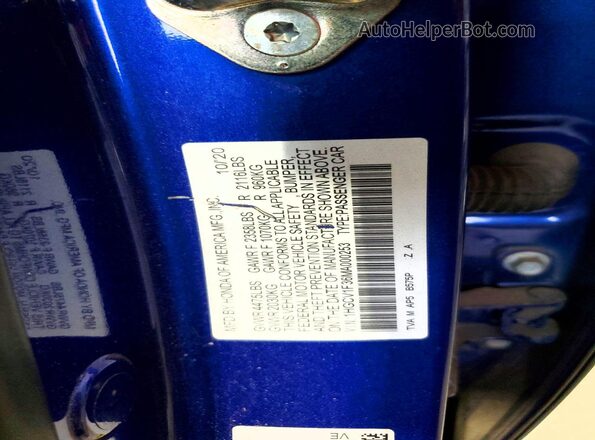 1HGCV1F36MA000253 2021 HONDA ACCORD Blue VIN կոդի պիտակի տեսք