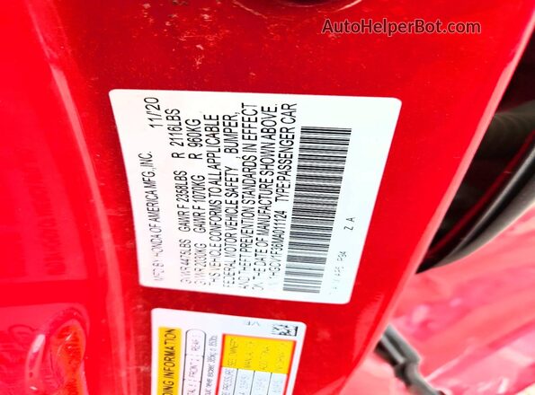 1HGCV1F36MA011124 2021 HONDA ACCORD Red ძრავის განყოფილების ხედი