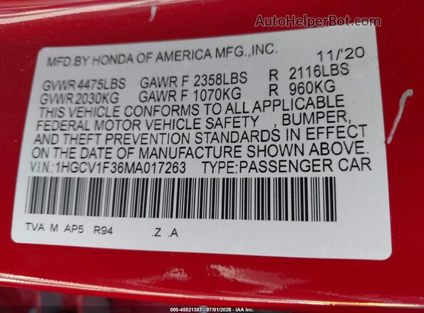 1HGCV1F36MA017263 2021 HONDA ACCORD Red Вид підкапотного простору