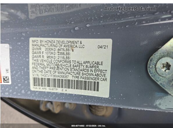 1HGCV1F36MA068357 2021 HONDA ACCORD  ძრავის განყოფილების ხედი