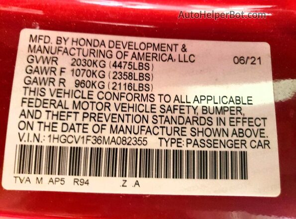 1HGCV1F36MA082355 2021 HONDA ACCORD Red VIN sticker view