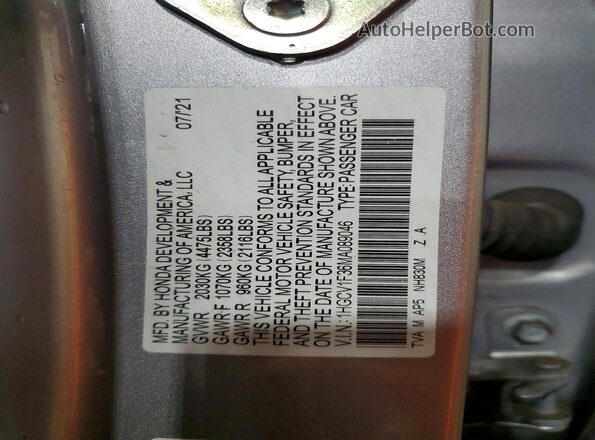1HGCV1F36MA089046 2021 HONDA ACCORD Silver ძრავის განყოფილების ხედი