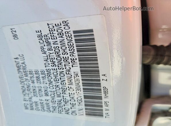 1HGCV1F36MA097941 2021 HONDA ACCORD White Շարժիչի բաժամունքի տեսք