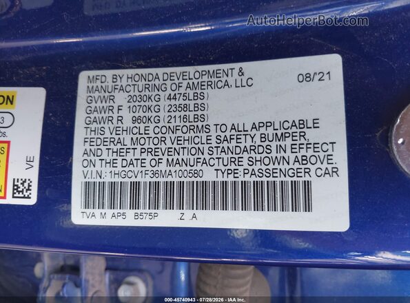 1HGCV1F36MA100580 2021 HONDA ACCORD Dark Blue Vista del compartimento del motor