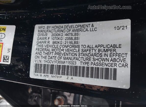 1HGCV1F36MA115323 2021 HONDA ACCORD Black Vista del compartimento del motor