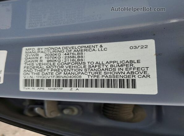 1HGCV1F36NA040608 2022 HONDA ACCORD Gray VIN կոդի պիտակի տեսք