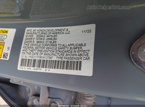 1HGCV1F36NA107997 2022 HONDA ACCORD Синий Вид подкапотного пространства