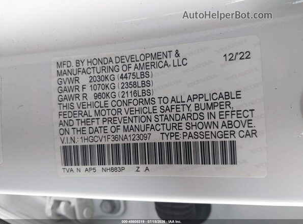 1HGCV1F36NA123097 2022 HONDA ACCORD Белый Вид подкапотного пространства