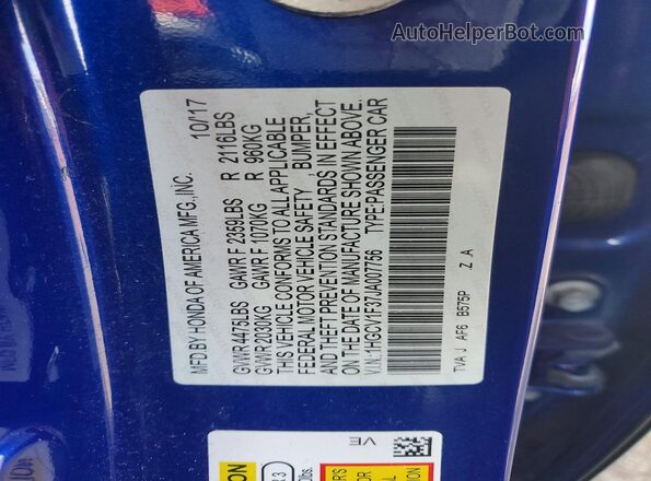 1HGCV1F37JA007756 2018 HONDA ACCORD Blue Вид підкапотного простору