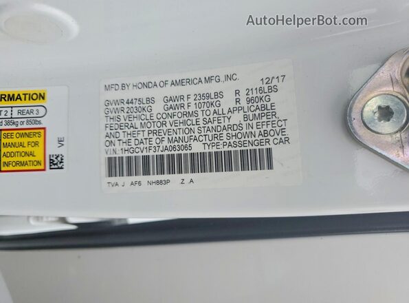 1HGCV1F37JA063065 2018 HONDA ACCORD White ძრავის განყოფილების ხედი