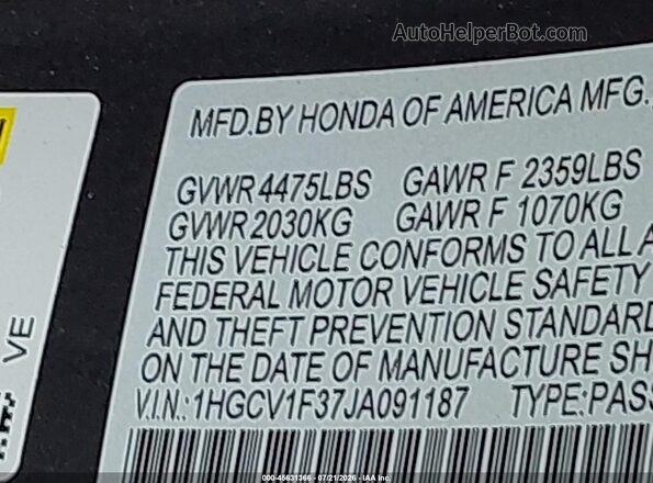 1HGCV1F37JA091187 2018 HONDA ACCORD Gray Вид підкапотного простору