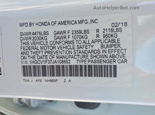 1HGCV1F37JA108652 2018 HONDA ACCORD White Vista del compartimento del motor