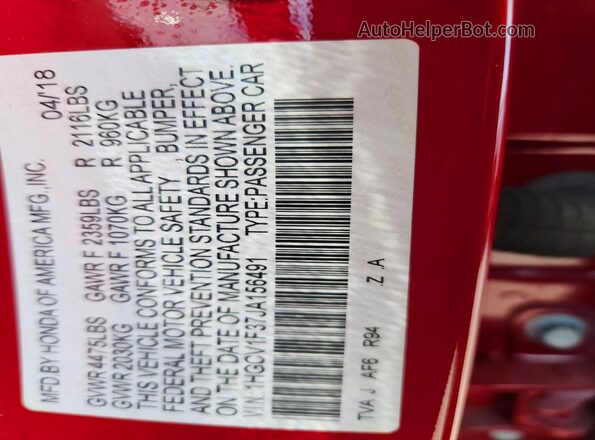 1HGCV1F37JA156491 2018 HONDA ACCORD Red Вид підкапотного простору