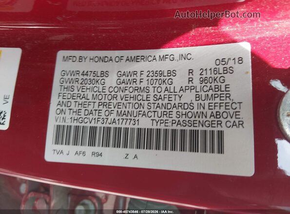 1HGCV1F37JA177731 2018 HONDA ACCORD Red Widok komory silnika