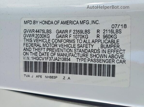 1HGCV1F37JA213854 2018 HONDA ACCORD White Вид підкапотного простору