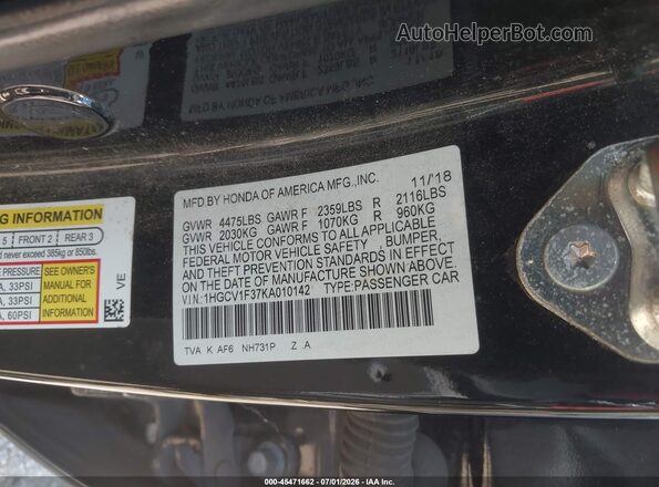 1HGCV1F37KA010142 2019 HONDA ACCORD Black Вид підкапотного простору